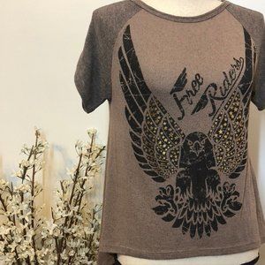 Maru 'Free Riders' Top Eagle Gold Stars Soft Tee High-Low Hem Biker Size Small